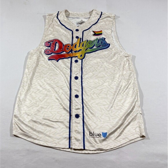 Los Angeles Dodgers White Pride Night Jersey Sleeveless Satin Print LGBTQ Sz M - Picture 1 of 10